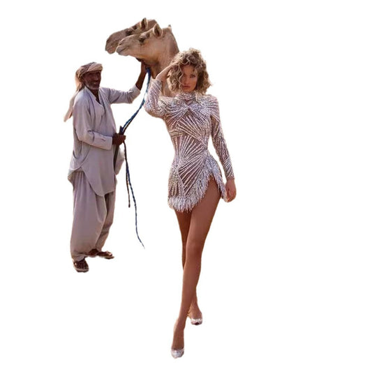 Women's Sexy Long-sleeved Dress Gold Sier Tassel Suits