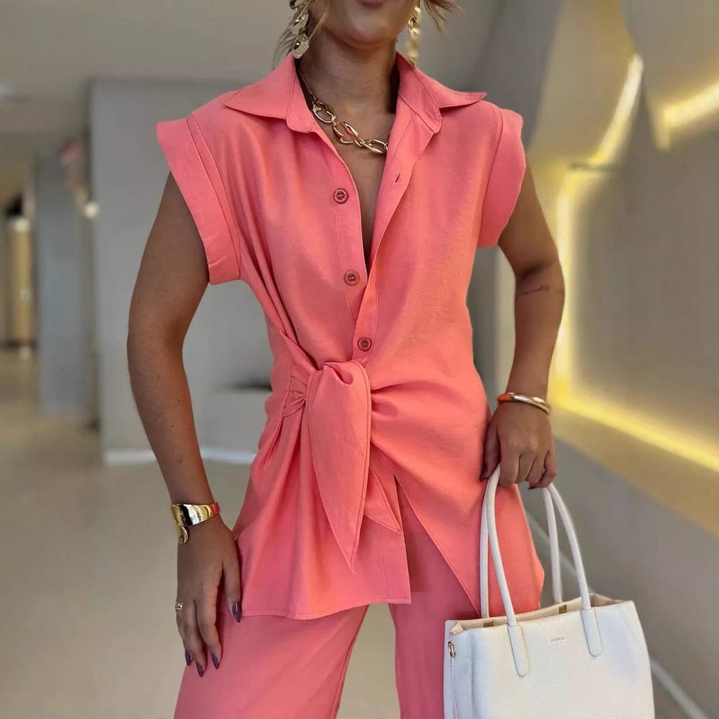 Women's Fashion Waist Short-sleeved Shirt High Casual Suits