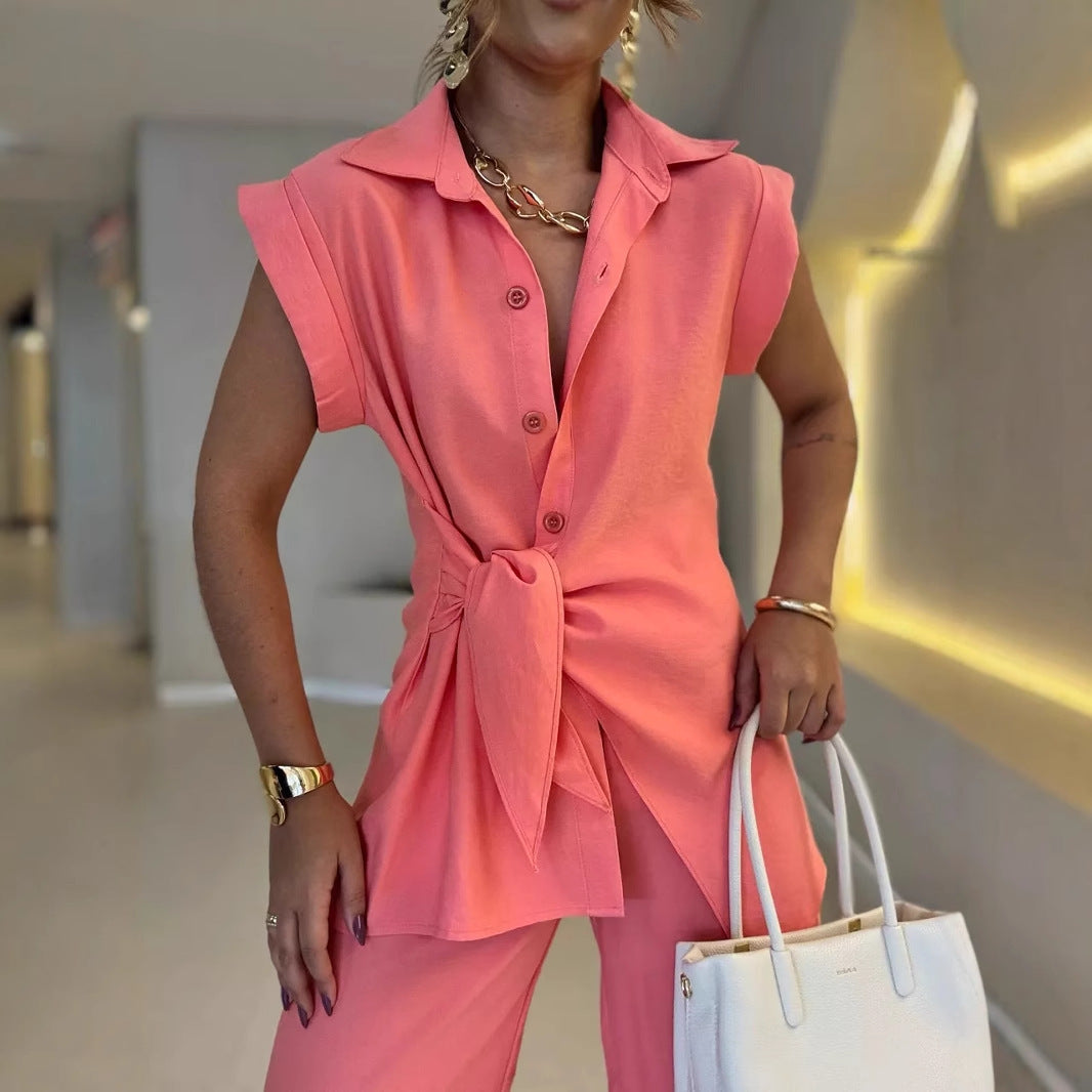 Women's Fashion Waist Short-sleeved Shirt High Casual Suits