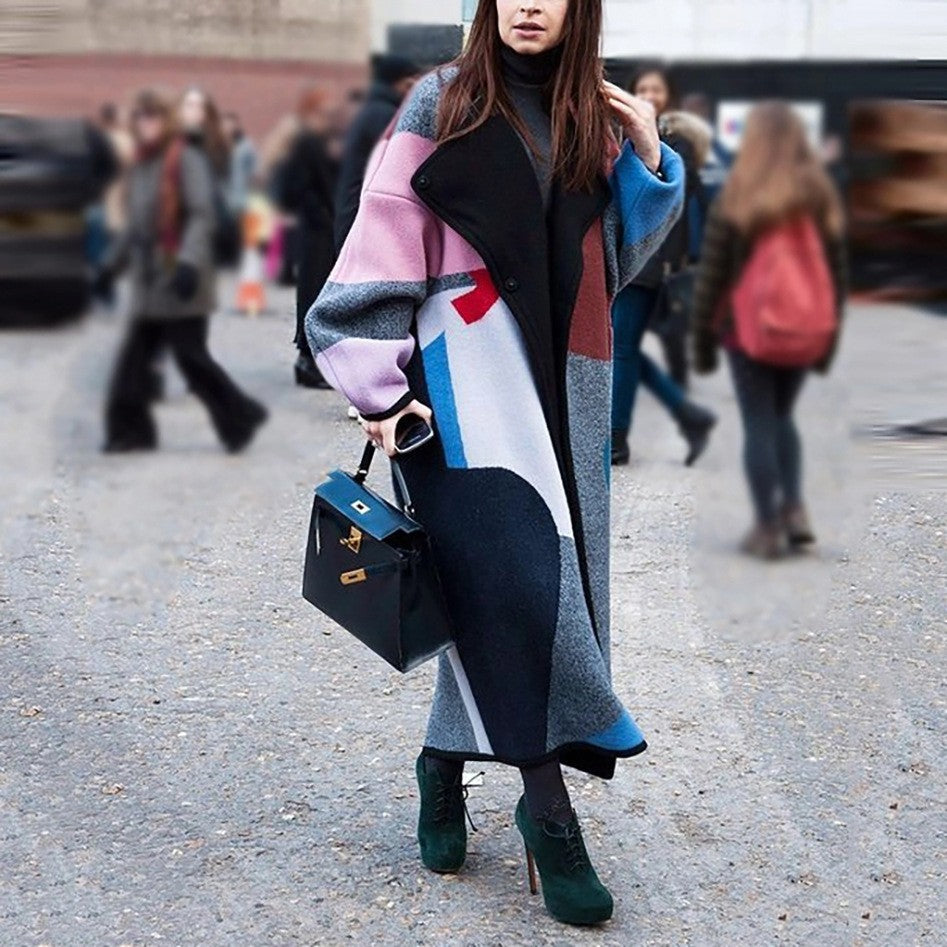 Women's Fashion Loose Ankle Print Woolen Printing Coats