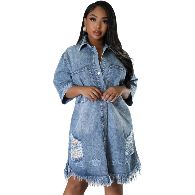 Women's Denim Ripped Tassel Sleeve Lapel Dress Dresses