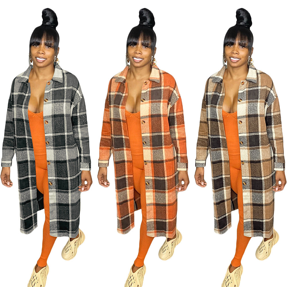 Women's Mid-length Casual Classic Plaid Single-breasted Woolen Coats