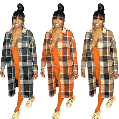 Women's Mid-length Casual Classic Plaid Single-breasted Woolen Coats