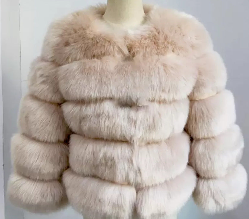 Women's Faux Fox Fur Round Neck Slim Coats