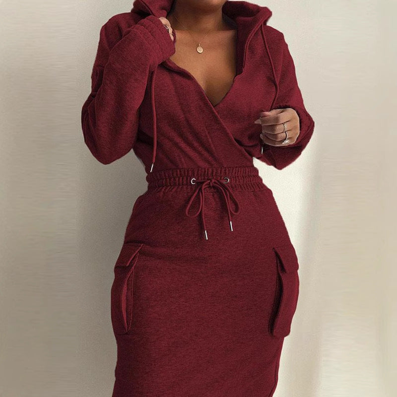 Waist Pocket Sweatshirt Dress Trimming Lace Up Long Dresses
