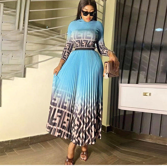 Women's Spring Pleated Print Corn Long Sleeve Suits