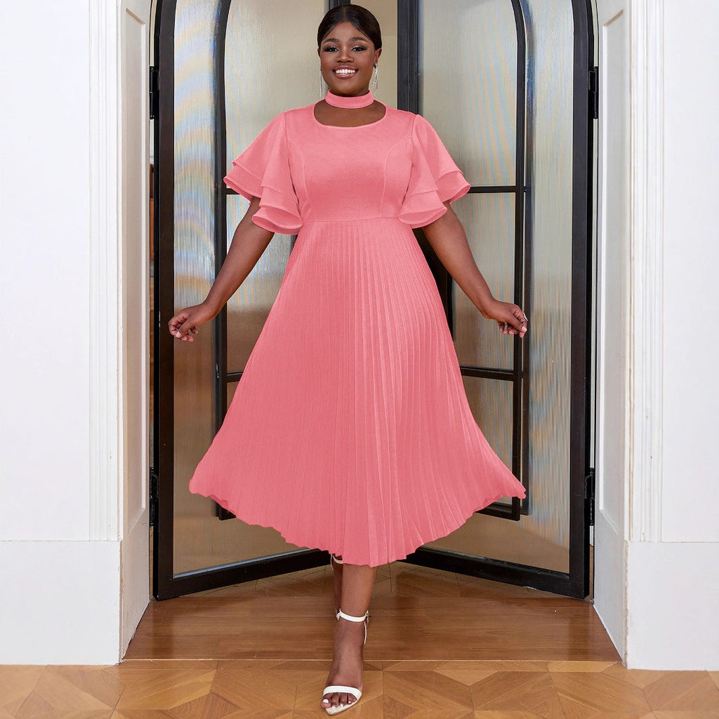 Personality Hollow Out Collar Pleated Elegant Style Ruffled Flared Dresses