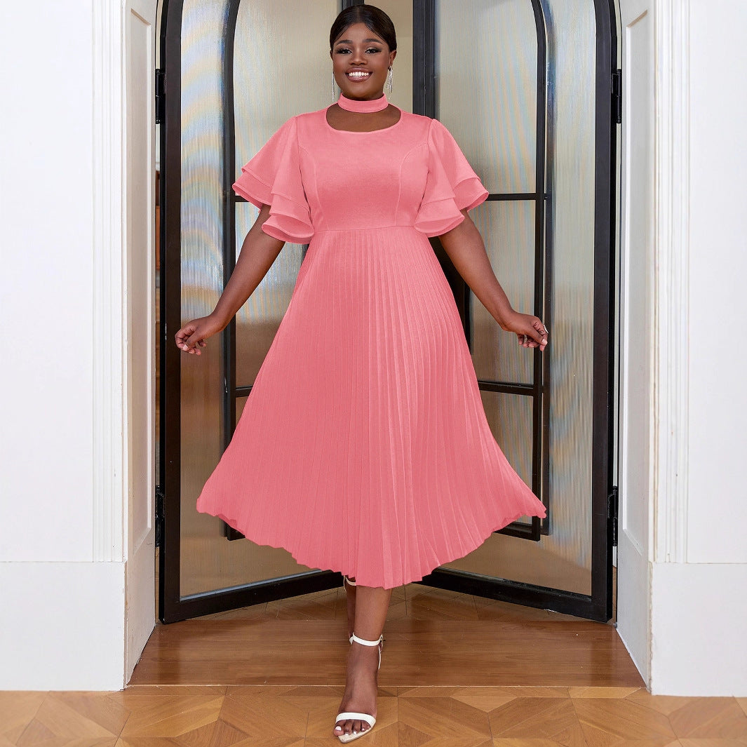 Personality Hollow Out Collar Pleated Elegant Style Ruffled Flared Dresses