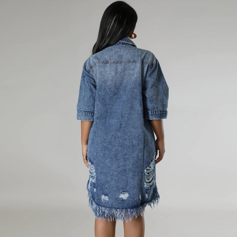 Women's Denim Ripped Tassel Sleeve Lapel Dress Dresses