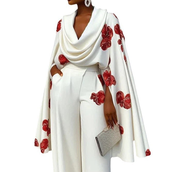 Women's Printed Heap Collar Long Sleeves Two-piece Suits