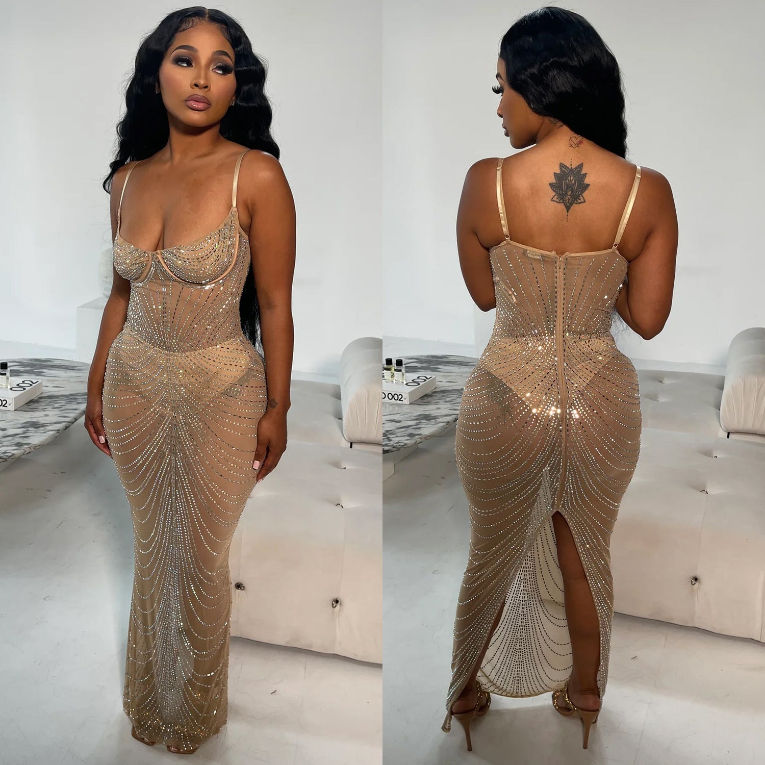 Women's Wear Pure Color Mesh Hot Drilling Sling Dresses