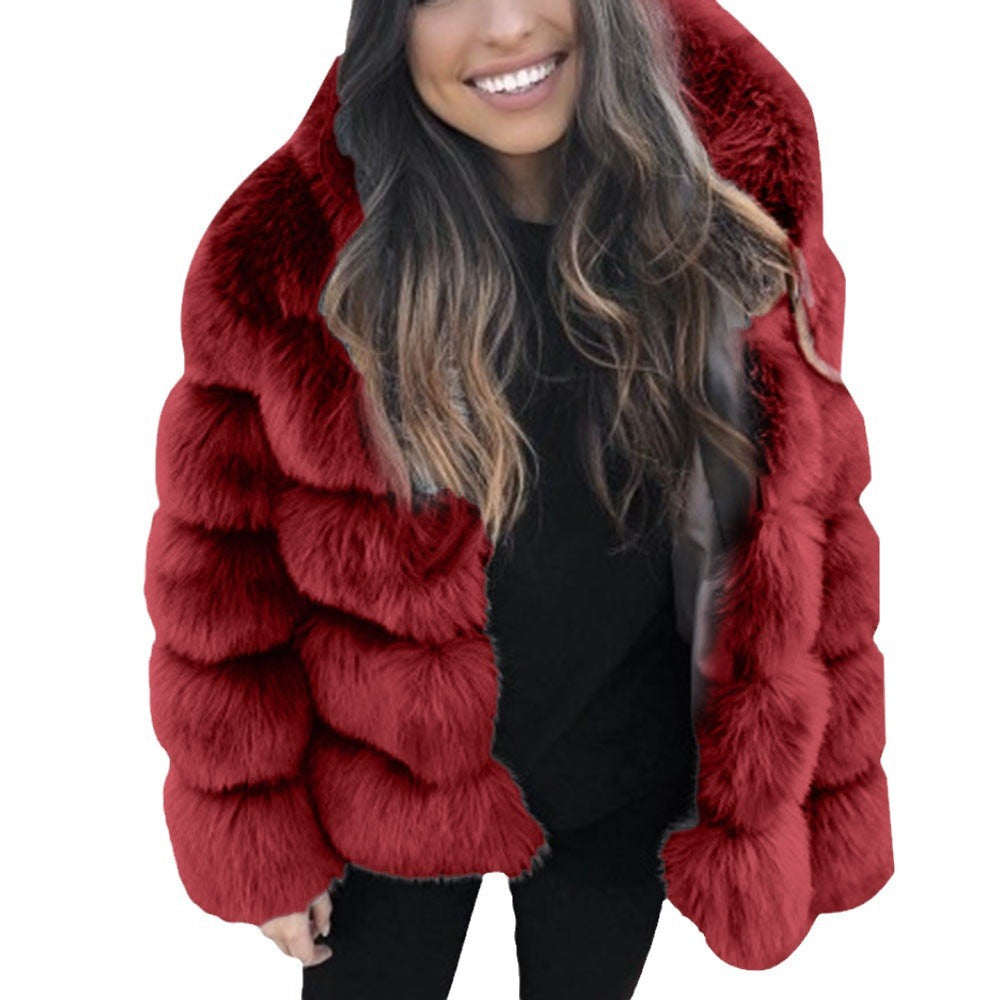 Women's Imitation Fur Hooded Mid-length Slim Fit Coats