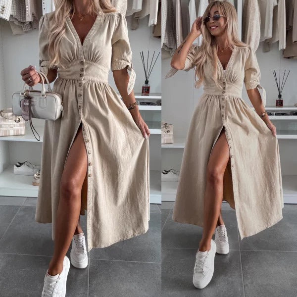 Women's Fashion Sexy Long Button Denim Dress Dresses