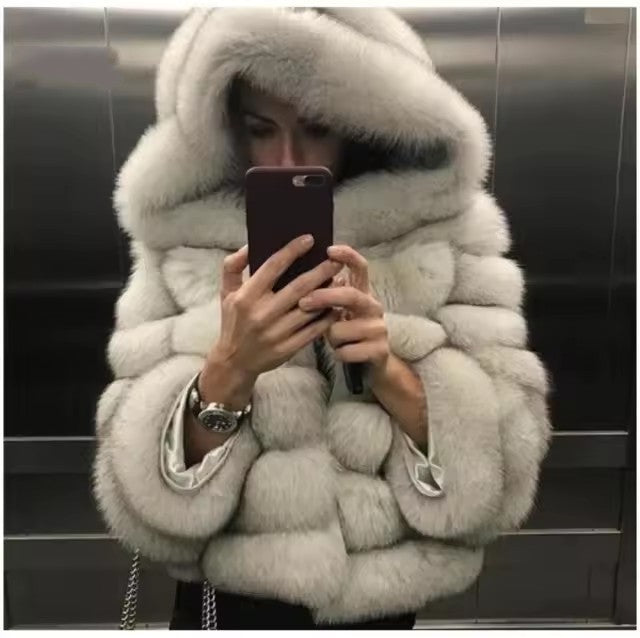 Women's Imitation Fur Hooded Mid-length Slim Fit Coats