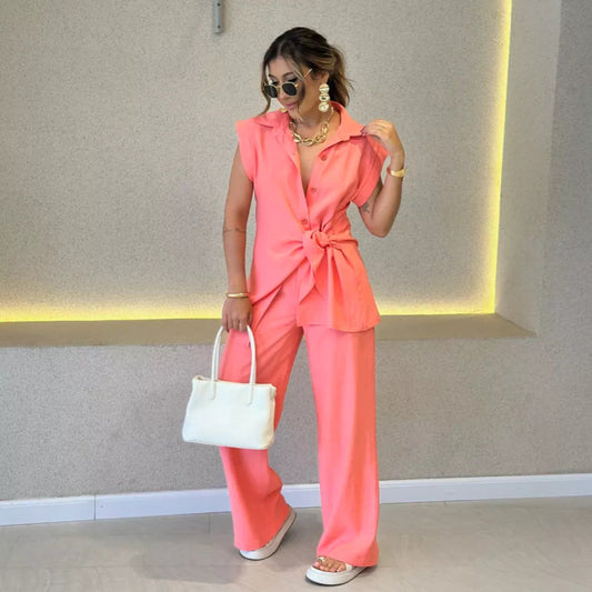 Women's Fashion Waist Short-sleeved Shirt High Casual Suits