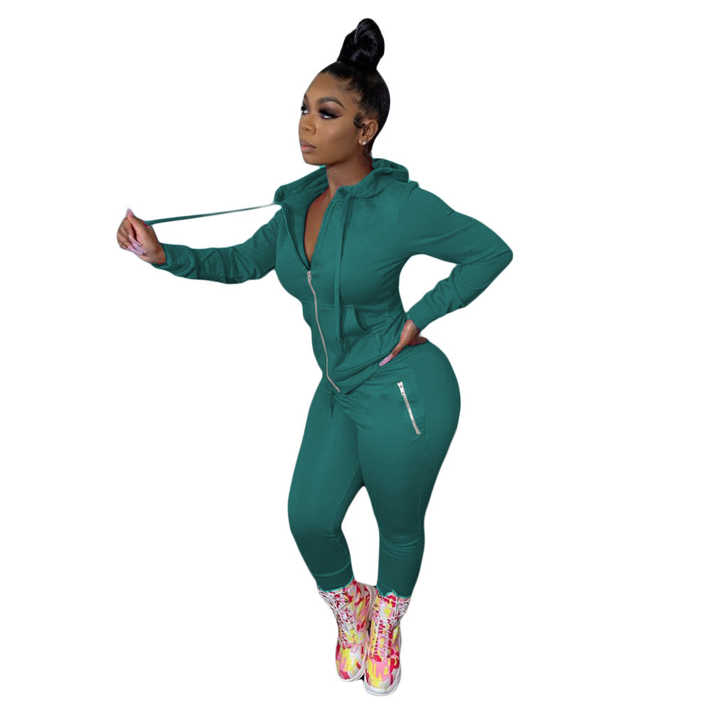 Women's Autumn Solid Color Personality Zipper Two-piece Suits