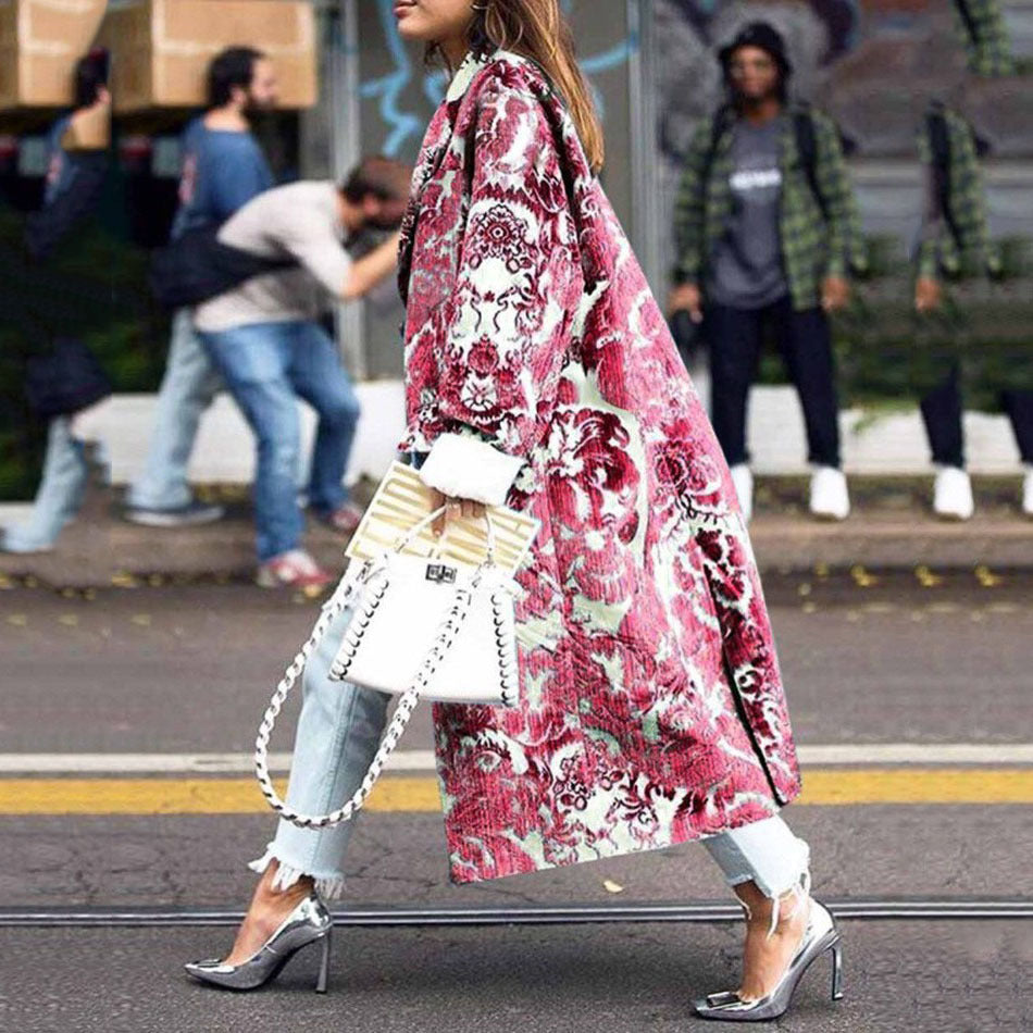 Women's Fashion Loose Ankle Print Woolen Printing Coats