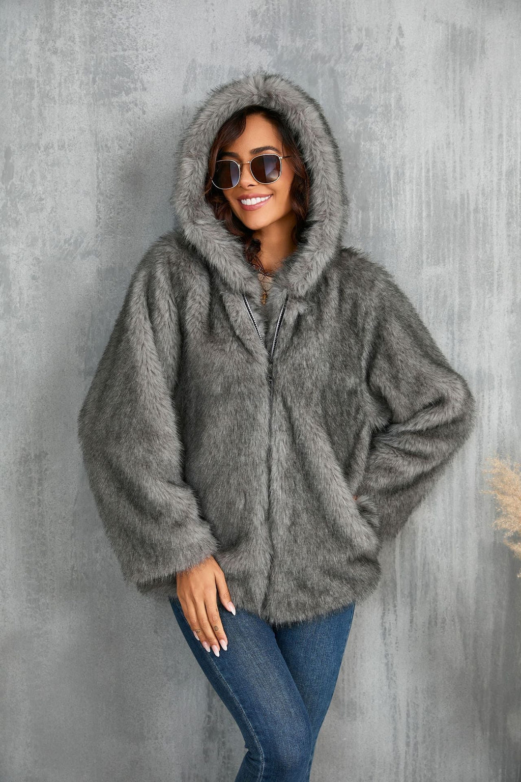 Imitation Fur Solid Color Loose Hooded Coats