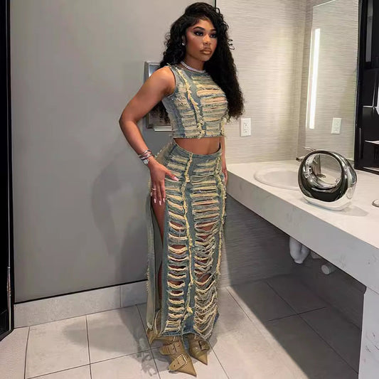 Women's Denim Trendy Unique Hand Frayed Slit Suits