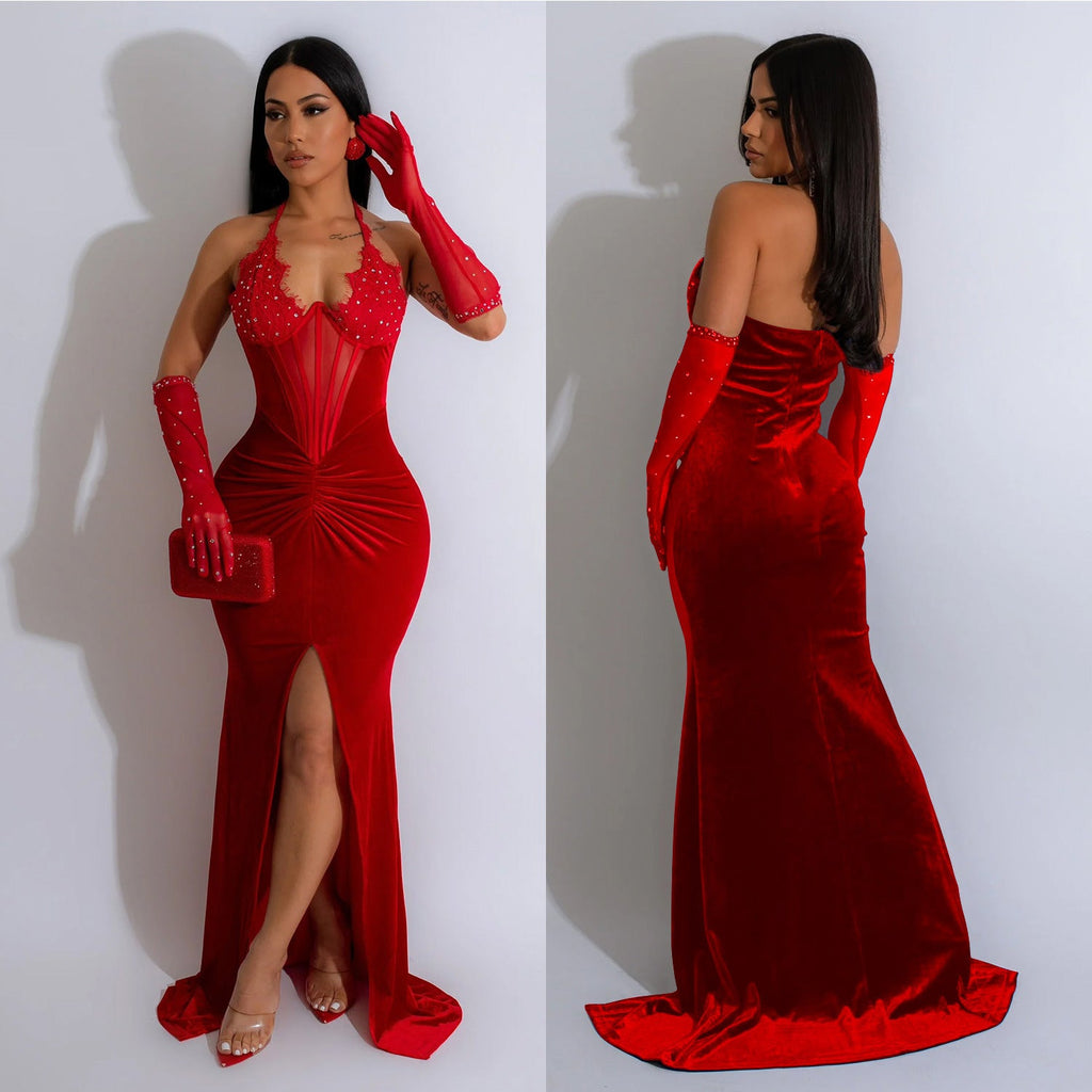 Women's Fashion Wear Pure Color Halter Split Sexy Dresses