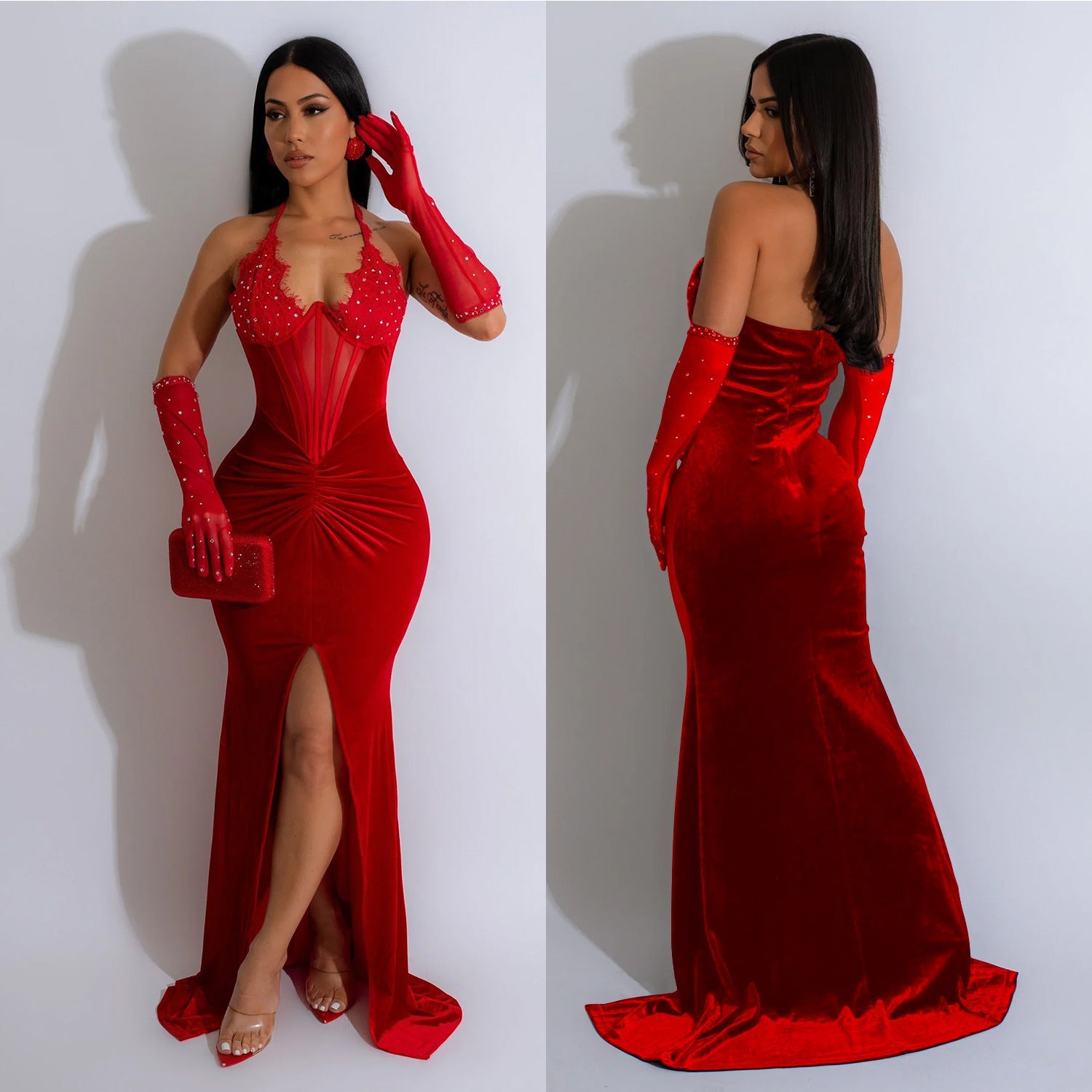 Women's Fashion Wear Pure Color Halter Split Sexy Dresses