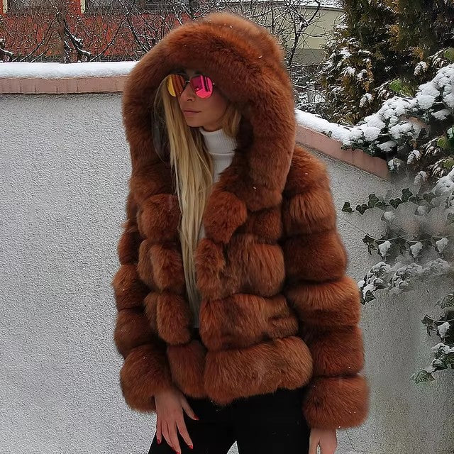 Women's Imitation Fur Hooded Mid-length Slim Fit Coats