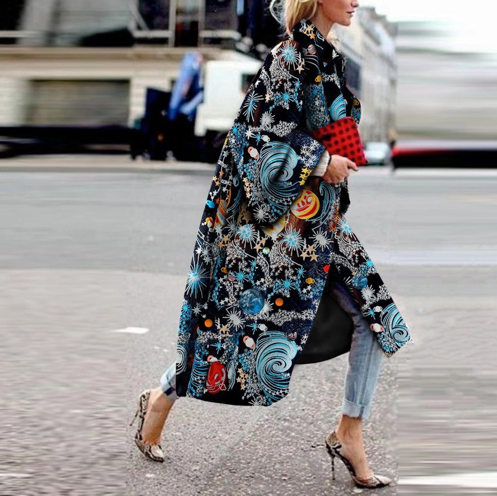 Women's Fashion Loose Ankle Print Woolen Printing Coats