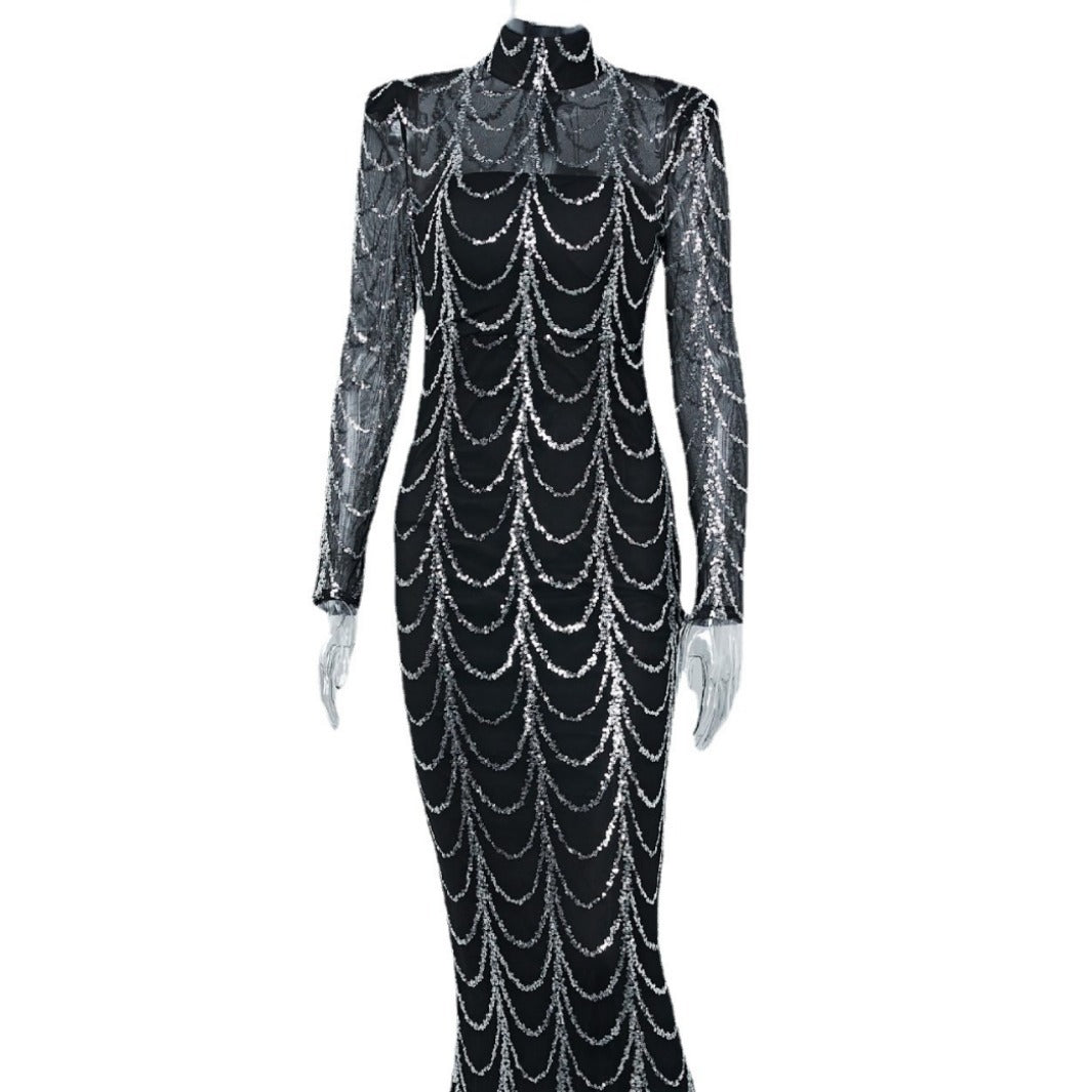 Women's Long Sleeve Black Trailing Dress Sexy Dresses