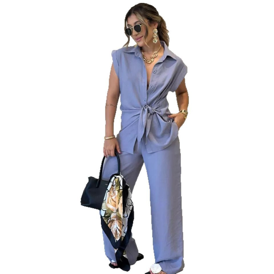 Women's Fashion Waist Short-sleeved Shirt High Casual Suits