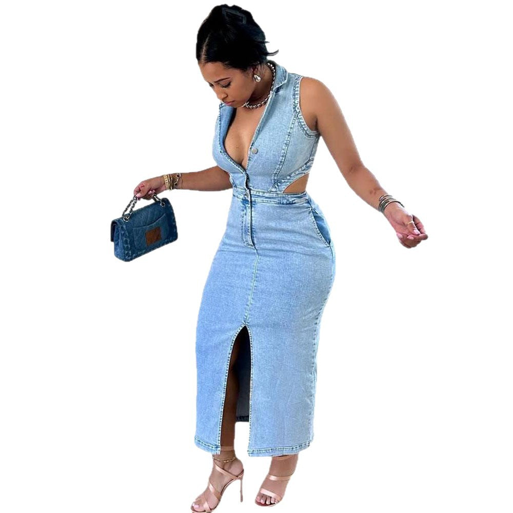 Women's Denim Dress Fashion Sexy Sleeveless Lapel Dresses