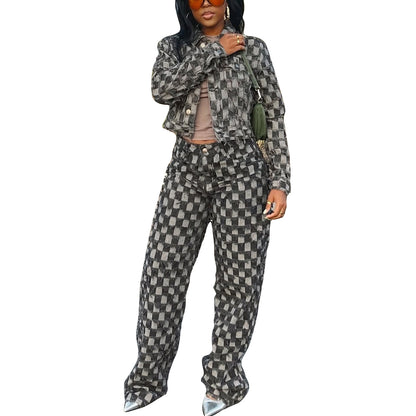 Women's Winter Casual Jacquard Plaid Washed Denim Suits