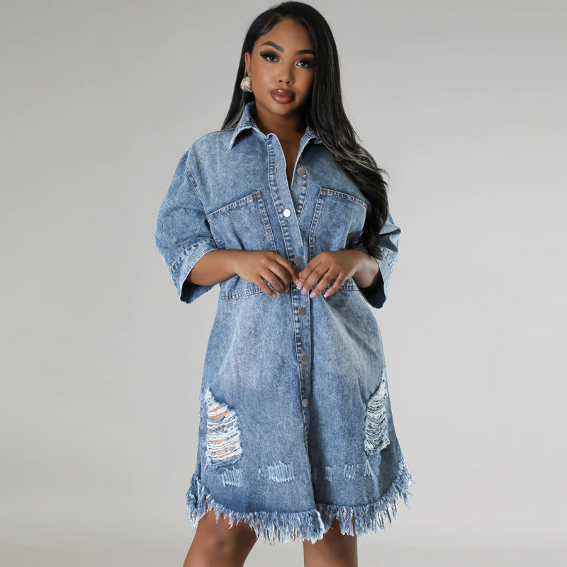 Women's Denim Ripped Tassel Sleeve Lapel Dress Dresses