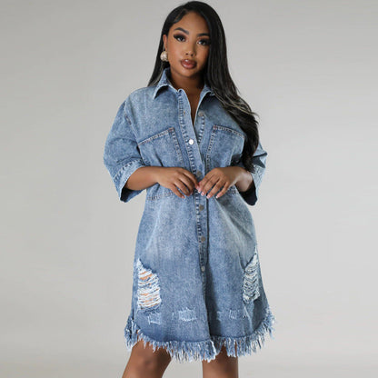 Women's Denim Ripped Tassel Sleeve Lapel Dress Dresses