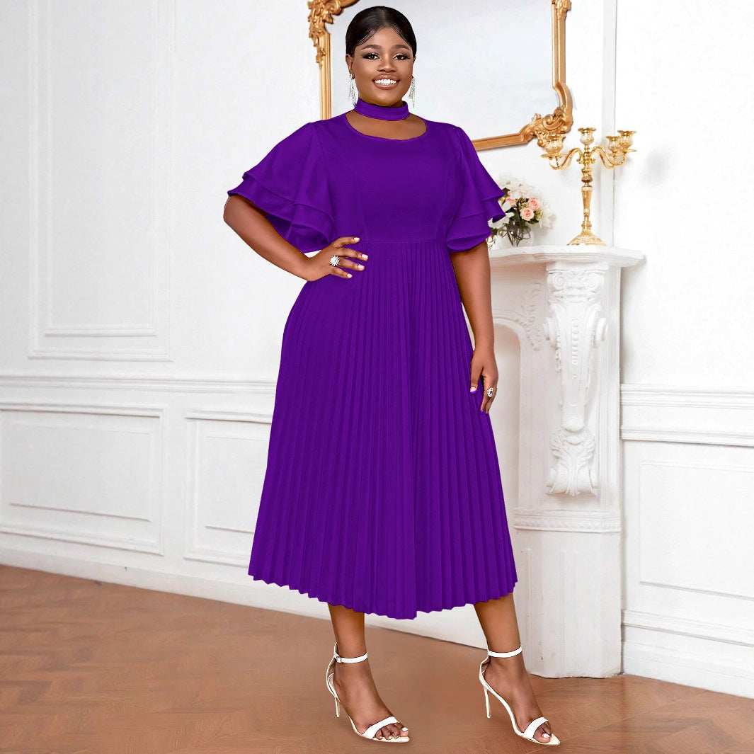 Personality Hollow Out Collar Pleated Elegant Style Ruffled Flared Dresses