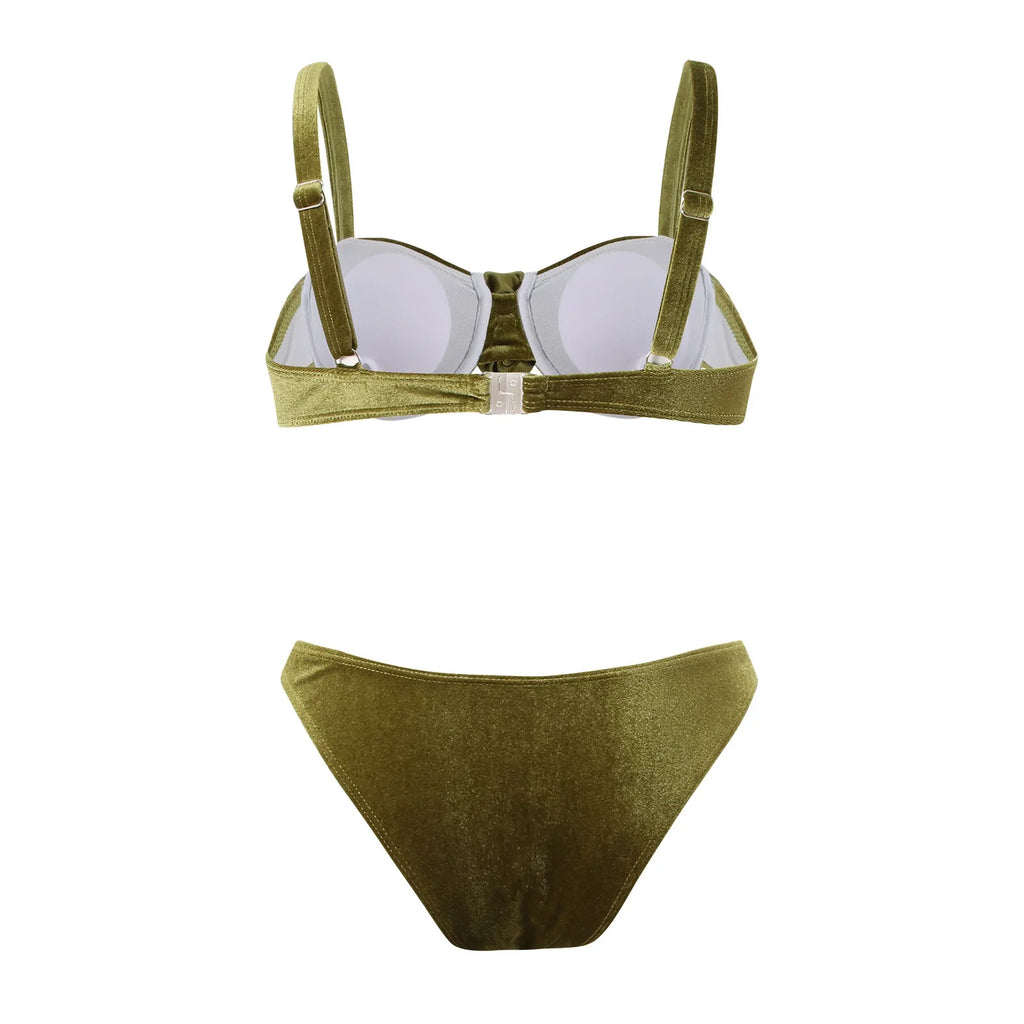 Green flower push up velvet two piece swimsuit