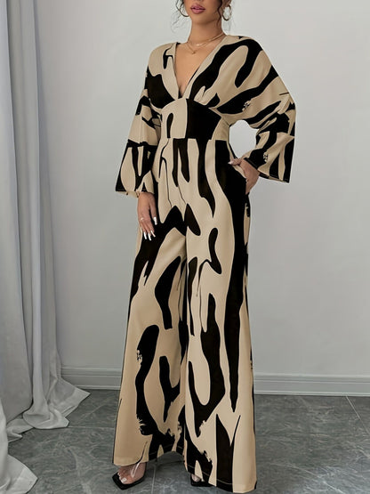Abstract Print V-Neck Wide Leg Jumpsuit