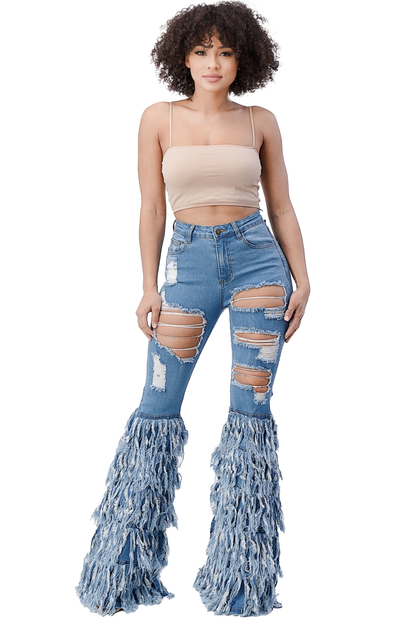 Distressed Layered Fringe Jeans (33" inseam)