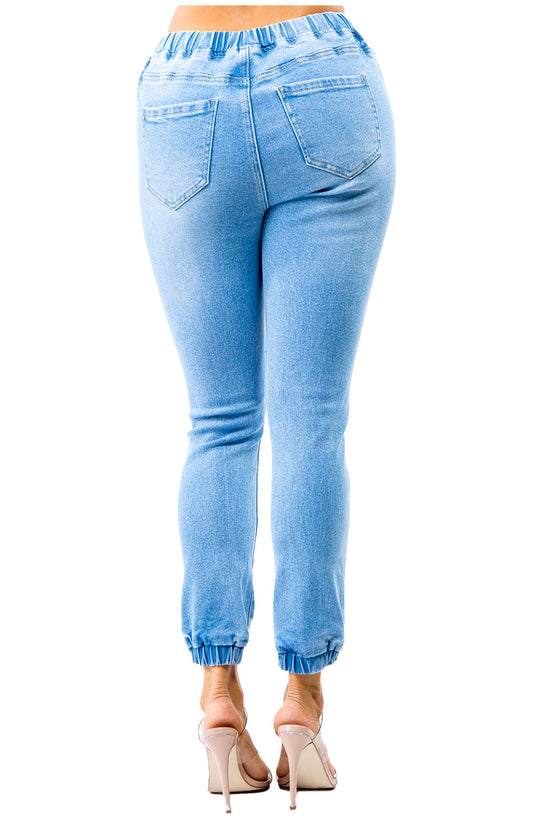 Denim Drawstring High Waisted Front Distressed Joggers
