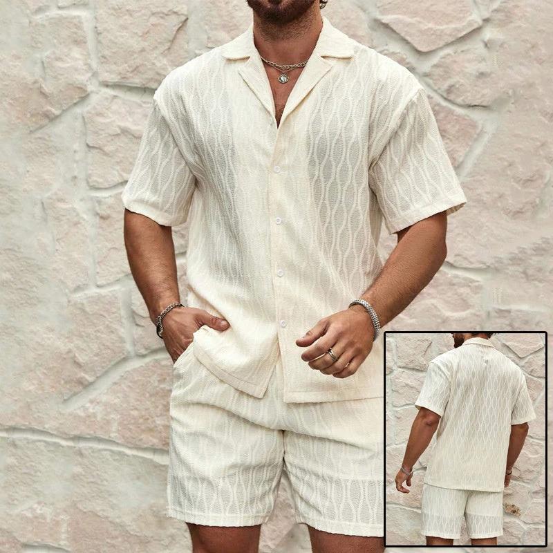 Stylish Men's Summer Tracksuit - Relaxed Fit Two-Piece Lapel Shirt & Shorts for Beach Holidays