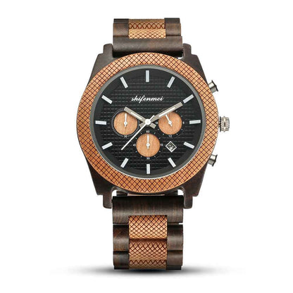 Men's Wood Chronograph Watch - Six Hand Calendar Sports Casual Timepiece