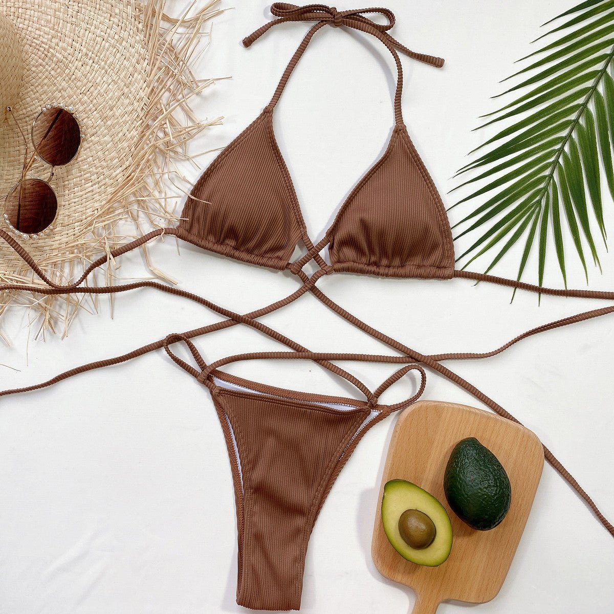 Stylish Halter Neck Crisscross Ribbed Bikini Set