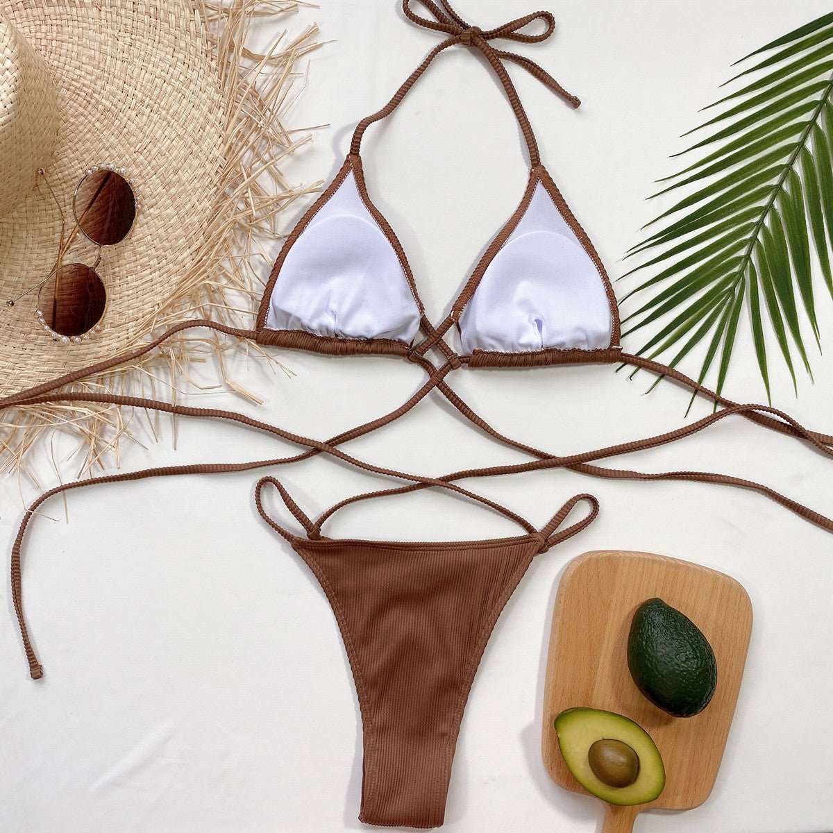 Stylish Halter Neck Crisscross Ribbed Bikini Set