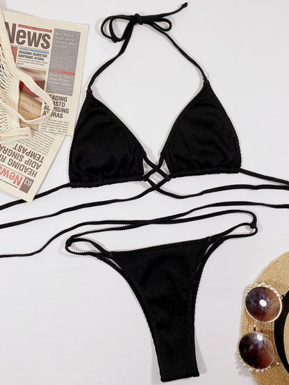 Stylish Halter Neck Crisscross Ribbed Bikini Set