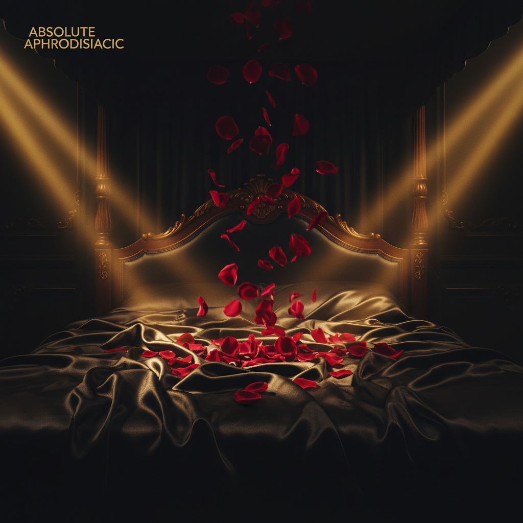 Crimson rose petals raining over black silk for Initio Absolute Aphrodisiac