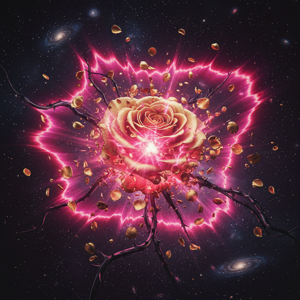 Giant rose exploding in golden petals across dark cosmos for Initio Atomic Rose