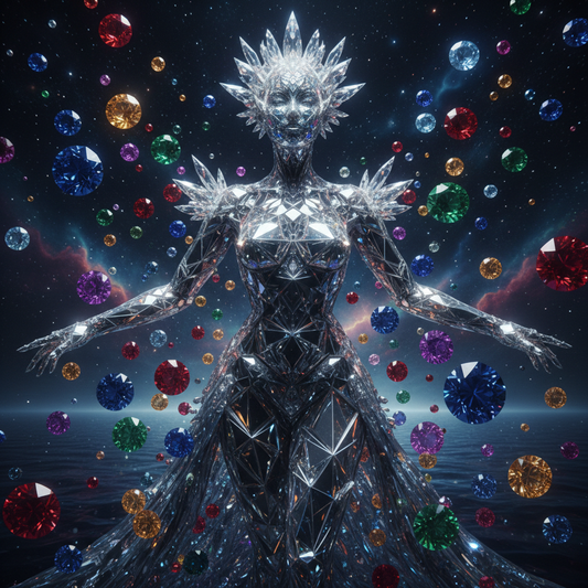 Crystal goddess emerging from dark cosmic waters surrounded by gemstones