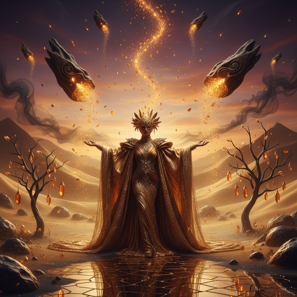Surreal golden desert with glowing oud embers for Initio Oud For Happiness