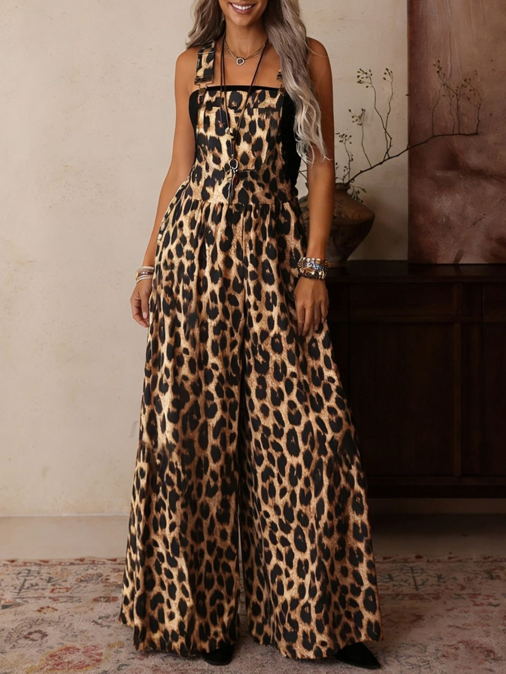 Stylish Leopard Print Wide Leg Overalls Jumpsuits
