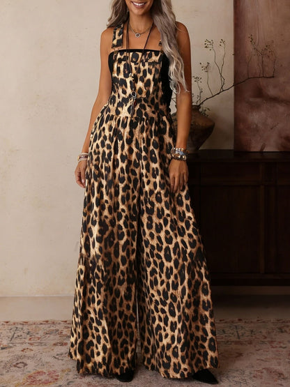 Stylish Leopard Print Wide Leg Overalls Jumpsuits