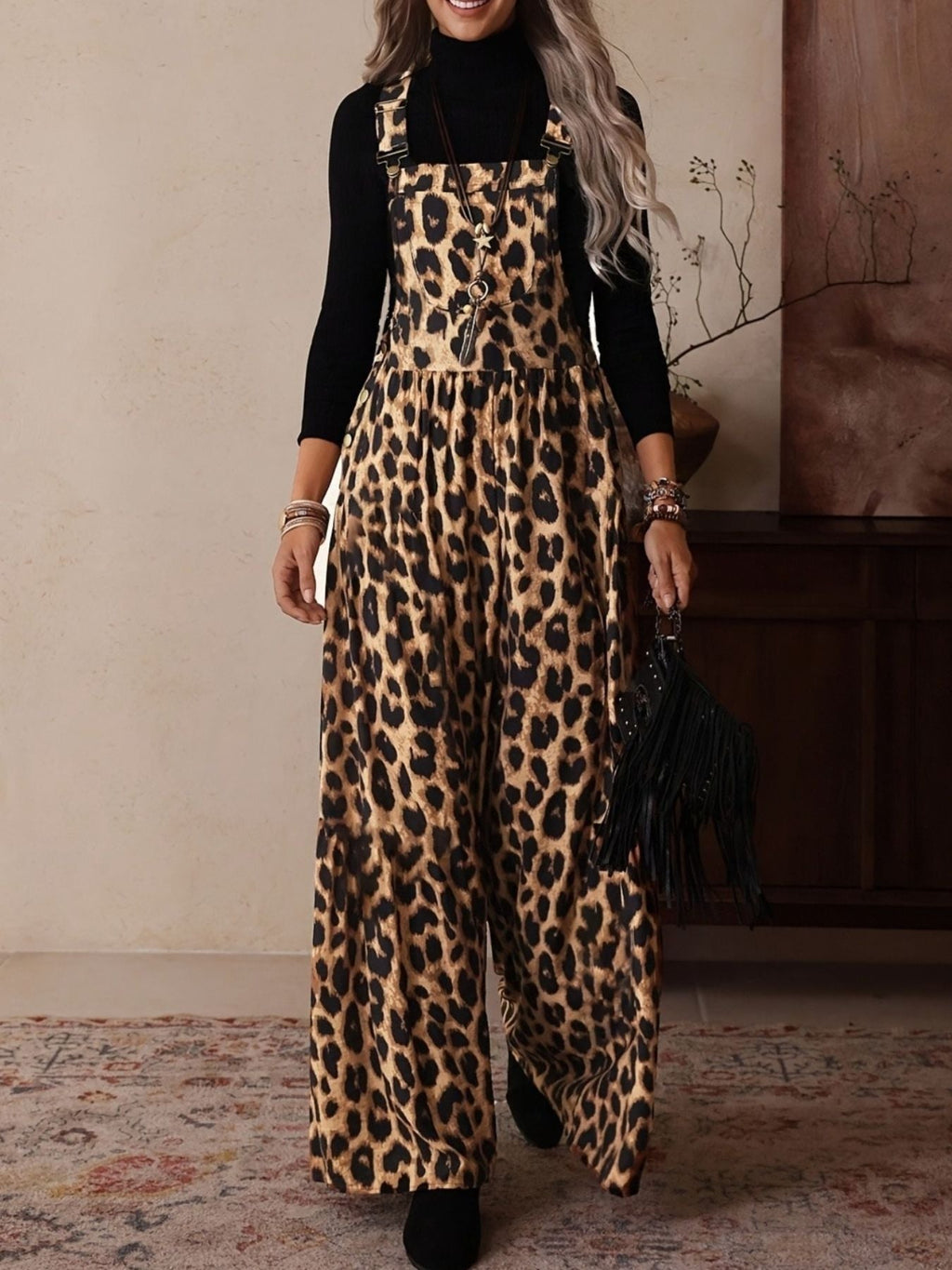 Stylish Leopard Print Wide Leg Overalls Jumpsuits